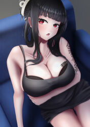 Rule 34 | 1girl, 403 oekaki suke, arm under breasts, barcode, barcode tattoo, black bra, black dress, black hair, black nails, blunt bangs, blush, bra, breast tattoo, breasts, butterfly tattoo, couch, d (killer wife) (nikke), d (nikke), dongtan dress, dress, goddess of victory: nikke, heart, heart necklace, large breasts, long hair, looking at viewer, meme attire, nail polish, necklace, official alternate costume, red eyes, sitting, solo, tattoo, underwear