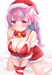 Rule 34 | 1girl, animal ear fluff, bad id, bad pixiv id, bare shoulders, bed sheet, bell, bikini, blue hair, bound, bound wrists, bow, braid, breasts, christmas, cleavage, closed mouth, commentary request, dress, fur-trimmed dress, fur-trimmed headwear, fur trim, hat, hololive, kneeling, long hair, medium breasts, minato aqua, multicolored hair, neck bell, nikoo, pink hair, purple eyes, red bikini, red bow, red dress, red hat, red ribbon, ribbon, santa costume, santa hat, simple background, solo, streaked hair, swimsuit, twin braids, two-tone hair, very long hair, virtual youtuber, white background