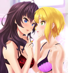 Rule 34 | 10s, 2girls, :3, :d, artist request, bad id, bad pixiv id, bare arms, bare shoulders, between breasts, blonde hair, blue eyes, blush, bra, breasts, brown hair, cleavage, collarbone, couple, eye contact, female focus, green eyes, hand on another&#039;s chin, highres, holding, ichinose shiki, idolmaster, idolmaster cinderella girls, lavender bra, lingerie, lips, lipstick, long hair, looking at another, makeup, medium breasts, miyamoto frederica, multiple girls, neck, one eye closed, open mouth, pink lips, purple bra, red bra, short hair, smile, underwear, upper body, uzushiopawn, wink, yuri