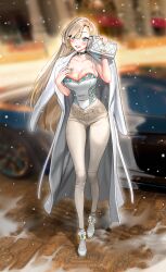 Rule 34 | 1girl, absurdres, asuna (blue archive), bag, blonde hair, blue archive, blue eyes, blush, breasts, car, choker, coat, corset, earrings, gold earrings, gold nails, hair over one eye, highres, jewelry, large breasts, legs, mole, mole on breast, motor vehicle, nail polish, olga korezky, skinny jeans, snowing, white coat, winter