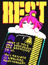 Rule 34 | 1girl, ahoge, animated, animated gif, black background, closed eyes, english text, long-term nuclear waste warning message, lynte, original, pink hair, pixel art, short hair, sign, simple background, sleeping, solo, warning sign
