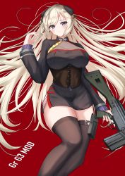 Rule 34 | 1girl, absurdres, battle rifle, black thighhighs, blonde hair, blush, breasts, character name, closed mouth, commission, corset, g3 (girls&#039; frontline), g3 (mod3) (girls&#039; frontline), girls&#039; frontline, gun, h&amp;k g3, highres, holding, holding weapon, holster, large breasts, long hair, looking at viewer, lying, mod3 (girls&#039; frontline), on back, on floor, pixiv commission, purple eyes, red background, rifle, rynn (rynn cube), solo, thighhighs, uniform, weapon