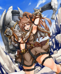 Rule 34 | 1girl, armpits, battle line, breasts, brown eyes, brown hair, cleavage, curvy, gloves, hammer, hitagiri, huge breasts, huge weapon, long hair, ponytail, solo, thigh strap, weapon