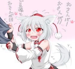 Rule 34 | 1girl, ahoge, animal ears, bare shoulders, blush, breasts, check translation, collar, detached sleeves, fang, fingerless gloves, gloves, hat, inubashiri momiji, oden (th-inaba), open mouth, pom pom (clothes), red eyes, short hair, silver hair, solo, tail, tail wagging, tokin hat, touhou, wolf ears, wolf tail