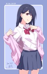 Rule 34 | 1girl, adjusting clothes, blue hair, blue skirt, bow, bowtie, cardigan, closed mouth, collared shirt, dated, head tilt, highres, jacket, long hair, long sleeves, looking at viewer, nii manabu, original, pink cardigan, pink eyes, pink jacket, plaid, plaid bow, plaid bowtie, plaid neckwear, pleated skirt, purple background, red bow, red bowtie, removing jacket, school uniform, shirt, signature, simple background, skirt, smile, solo, standing, two-tone background, white shirt