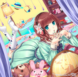 Rule 34 | 1girl, :3, :o, aqua eyes, bed, blue eyes, blush, book, bow, brown hair, crescent, cup, doughnut, dress, drinking straw, fingers together, food, fork, globe, green eyes, headphones, kazuharu kina, lamp, long hair, looking at viewer, lying, md5 mismatch, nail polish, no shoes, on bed, on stomach, open mouth, original, own hands clasped, own hands together, rabbit, radio, red hair, resolution mismatch, ribbon, shelf, short hair, socks, solo, source larger, star (symbol), stuffed animal, stuffed rabbit, stuffed toy, sweets, tea set, teacup, teapot, teddy bear, watermark, web address