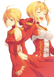 Rule 34 | 10s, 1girl, ahoge, backless outfit, blonde hair, breasts, butt crack, epaulettes, closed eyes, fate/extra, fate (series), green eyes, hair ribbon, hand on own chest, juliet sleeves, kinta (distortion), long sleeves, looking at viewer, nero claudius (fate), nero claudius (fate), nero claudius (fate/extra), open mouth, puffy sleeves, ribbon, short hair, simple background, sleeves past wrists, sparkle, white background