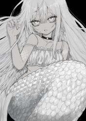 Rule 34 | 1girl, camisole, choker, eyelashes, frills, greyscale, hair between eyes, hand up, highres, long hair, looking at viewer, lying, mermaid, monochrome, monster girl, o-ring, o-ring choker, on back, open mouth, original, scales, simple background, solo, spaghetti strap, strap slip, taezuodoru 0, very long hair, white theme