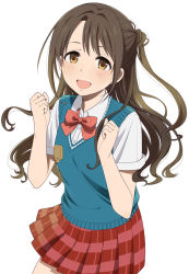 Rule 34 | 10s, 1girl, :d, brown eyes, brown hair, clenched hands, idolmaster, idolmaster cinderella girls, long hair, looking at viewer, mattaku mousuke, open mouth, pleated skirt, school uniform, shimamura uzuki, side ponytail, simple background, skirt, smile, solo, sweater vest, white background