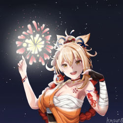 Rule 34 | 1girl, :d, absurdres, arm tattoo, armpits, artist name, bandaged arm, bandages, breasts, brown eyes, chest tattoo, choker, cleavage, collarbone, commentary request, fireworks, fish tattoo, genshin impact, hair between eyes, hair ornament, highres, holding, holding fireworks, holding sparkler, japanese clothes, kitsun8, light brown hair, long hair, looking at viewer, night, night sky, open mouth, ponytail, sarashi, sidelocks, sky, smile, solo, star (sky), starry sky, tattoo, wide sleeves, yoimiya (genshin impact)