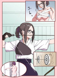 Rule 34 | 1girl, absurdres, archery, arrow (projectile), ass, backboob, bandages, bandages around chest, black hair, black skirt, blouse, blue eyes, border, bow (weapon), breasts, buchou (kakitama), clenched teeth, comic, dimples of venus, drawing bow, glasses, gloves, hair ribbon, hand on own chest, highres, hip vent, holding, holding bow (weapon), holding weapon, kakitama, kyuudou, large breasts, looking away, muneate, original, outside border, partially fingerless gloves, partly fingerless gloves, pink border, ponytail, purple ribbon, ribbon, sarashi, shirt, short hair, short sleeves, sigh, skirt, standing, sweat, sweatdrop, target, target practice, teeth, topless, underwear, underwear only, weapon, white shirt, yugake