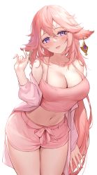 Rule 34 | 1girl, absurdres, animal ears, bare shoulders, breasts, camisole, cleavage, collarbone, commentary, cowboy shot, crop top, earrings, floppy ears, fox ears, genshin impact, hand up, highres, jacket, jewelry, large breasts, leaning forward, long hair, long sleeves, looking at viewer, midriff, navel, off shoulder, open clothes, open jacket, open mouth, pdxen, pink hair, pink jacket, pink shirt, pink shorts, purple eyes, shirt, shorts, simple background, skindentation, sleeveless, sleeveless shirt, smile, solo, spaghetti strap, standing, stomach, symbol-only commentary, thighs, very long hair, white background, yae miko