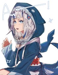 Rule 34 | 1girl, a (phrase), absurdres, animal costume, animal hood, blue dress, blue eyes, blue hair, blue hoodie, blue jacket, blunt bangs, catchphrase, dress, fins, fish tail, gawr gura, gawr gura (1st costume), hair ornament, hand up, highres, hololive, hololive english, hood, hood up, hoodie, jacket, light blush, long sleeves, looking at viewer, looking to the side, medium hair, multicolored hair, open mouth, shark costume, shark girl, shark hair ornament, shark hood, shark print, shark tail, sharp teeth, sitting, solo, sparkle, streaked hair, tail, takao (88499191), teeth, upper body, virtual youtuber, white background, white hair