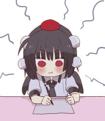 Rule 34 | 1girl, :i, black hair, black necktie, black wings, blush, chibi, closed mouth, collared shirt, commentary request, grey shirt, hat, highres, holding, holding pen, mini wings, necktie, pen, puffy short sleeves, puffy sleeves, red eyes, red hat, shameimaru aya, shirt, short sleeves, simple background, solo, tokin hat, totoharu (kujirai minato), touhou, upper body, v-shaped eyebrows, white background, wings