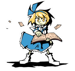 Rule 34 | 1girl, alice margatroid, alice margatroid (pc-98), blonde hair, blue hairband, blue skirt, book, buttons, collared shirt, flying paper, full body, hairband, holding, holding book, long sleeves, looking at viewer, pages, paper, setz, shirt, short hair, simple background, skirt, solo, standing, suspenders, touhou, touhou (pc-98), v-shaped eyebrows, white background, white shirt, yellow eyes