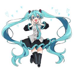 Rule 34 | black footwear, black skirt, black sleeves, blue eyes, blue hair, blue necktie, boots, detached sleeves, full body, grey shirt, hair ornament, hands on own cheeks, hands on own face, hatsune miku, heart, highres, long hair, miku day, necktie, open mouth, pleated skirt, shirt, skirt, sleeveless, sleeveless shirt, smile, thigh boots, twintails, very long hair, vocaloid, white background, yufu kyouko