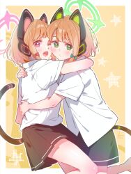 Rule 34 | 2girls, alternate costume, animal ear headphones, animal ears, black skirt, blonde hair, blue archive, cat ear headphones, commentary request, fake animal ears, fake tail, green eyes, green halo, halo, headphones, highres, hug, itsk ne, looking at viewer, midori (blue archive), momoi (blue archive), multiple girls, one eye closed, open mouth, pink eyes, pink halo, shirt, short sleeves, siblings, sisters, skirt, star (symbol), starry background, t-shirt, tail, thighs, twins, white shirt, yellow background