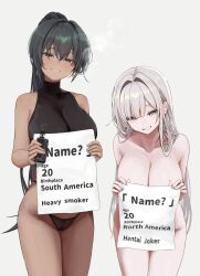Rule 34 | 2girls, absurdres, albino, bare shoulders, black hair, black panties, blue eyes, breasts, cleavage, completely nude, dark-skinned female, dark skin, electronic cigarette, english text, green eyes, grey background, gwan-e, highres, holding, holding paper, large breasts, looking at viewer, mixed-language commentary, multiple girls, nude, original, panties, paper, simple background, smoke, smoke trail, underwear, white hair
