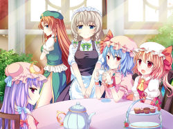 Rule 34 | 5girls, :d, blonde hair, blue eyes, blue hair, blush, chinese clothes, crescent, crescent hair ornament, flandre scarlet, hair ornament, hat, hong meiling, izayoi sakuya, long hair, looking at viewer, maid, maid headdress, mob cap, multiple girls, open mouth, orange hair, patchouli knowledge, platinum blonde hair, purple eyes, purple hair, red eyes, remilia scarlet, smile, swami, touhou, very long hair
