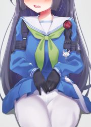 Rule 34 | 1girl, black gloves, black hair, blue archive, blue shirt, blue skirt, blush, commentary request, female focus, gloves, green neckerchief, grey background, head out of frame, highres, lifted by self, long hair, long sleeves, miyu (blue archive), neckerchief, nenosame, open mouth, panties, panties under pantyhose, pantyhose, pleated skirt, puffy long sleeves, puffy sleeves, sailor collar, school uniform, serafuku, shirt, simple background, skirt, sleeves past wrists, solo, underwear, very long hair, wavy mouth, white panties, white pantyhose, white sailor collar