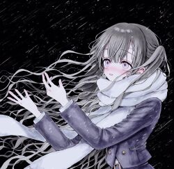 Rule 34 | 1girl, bad id, bad twitter id, black background, blue eyes, blue jacket, blush, brown hair, hands up, highres, jacket, long hair, long sleeves, looking up, open mouth, original, scarf, snow, snowing, solo, twintails, upper body, white scarf, wind, winter clothes, yuyuyuyhz