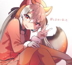 Rule 34 | 1girl, animal ears, beret, black shirt, collared shirt, commentary request, fox ears, fox girl, fox tail, fur trim, gloves, grey hair, grey pantyhose, hair between eyes, hat, island fox (kemono friends), jacket, kemono friends, kemono friends v project, long hair, long sleeves, microphone, mitorizu 02, multicolored hair, necktie, official alternate costume, orange hair, orange jacket, orange pantyhose, orange skirt, pantyhose, pleated skirt, red hat, shirt, skirt, solo, tail, translation request, twintails, two-tone legwear, v, virtual youtuber, white gloves, white hair, white necktie
