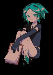 Rule 34 | 1other, amputee, androgynous, aqua eyes, aqua hair, belt, black background, black gloves, black necktie, blush stickers, clipboard, elbow gloves, gem uniform (houseki no kuni), glint, gloves, highres, holding, holding clipboard, houseki no kuni, knees up, looking at viewer, matching hair/eyes, menma (enaic31), missing limb, necktie, other focus, parted bangs, phosphophyllite, protected link, puffy short sleeves, puffy sleeves, shirt, short hair, short sleeves, shorts, simple background, smile, solo, twitter username, white belt