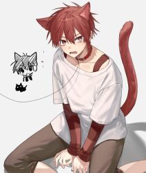 Rule 34 | 2boys, animal ears, brown pants, cat boy, cat ears, cat tail, collar, extra ears, fujo0t4ku, grey background, highres, leash, looking at viewer, maeno aki, male focus, multiple boys, pants, red collar, red eyes, red hair, red sleeves, red tank top, shirt, simple background, sitting, tail, tank top, tsugino haru, white shirt, zeno (game)