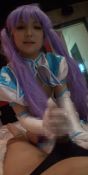Rule 34 | 1boy, 1girl, animated, asian, censored, cosplay, erection, gloves, handjob, lotion, penis, photo (medium), purple hair, sound, tagme, thighhighs, twintails, video, white gloves, white thighhighs