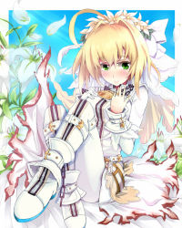 Rule 34 | 10s, 1girl, ahoge, bad id, bad pixiv id, blonde hair, blush, bodysuit, chain, fate/extra, fate/extra ccc, fate (series), flower, green eyes, hair intakes, lily (flower), lock, nero claudius (bride) (fate), nero claudius (fate), nero claudius (fate) (all), padlock, solo, veil, yude, zipper