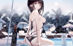 Rule 34 | 1girl, ass, atha (leejuiping), back, bare arms, bare shoulders, bikini, black hair, blurry, blurry background, blush, bottle, breasts, chair, commentary request, day, depth of field, highres, long hair, looking at viewer, looking back, lounge chair, medium breasts, original, outdoors, pool, poolside, purple eyes, sideboob, sitting, swimsuit, umbrella