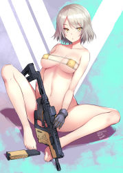 Rule 34 | 1girl, barefoot, bikini, bosshi, breasts, collarbone, commentary request, covered erect nipples, eyepatch bikini, girls&#039; frontline, gloves, grey hair, gun, highres, holding, holding gun, holding weapon, kriss vector, large breasts, looking at viewer, micro bikini, short hair, sitting, solo, submachine gun, swimsuit, vector (girls&#039; frontline), weapon, yellow bikini, yellow eyes