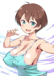 Rule 34 | &gt;:d, 10s, 1girl, :d, armpits, blush, breasts, brown hair, cleavage, collarbone, covered erect nipples, green eyes, impossible clothes, joy ride, large breasts, looking at viewer, new game!, no bra, open mouth, shinoda hajime, short hair, sideboob, sleeveless, smile, solo, v-shaped eyebrows