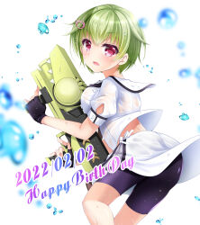 Rule 34 | 1girl, 2022, absurdres, black gloves, black shorts, blurry, blush, breasts, chibinon, commentary request, cowboy shot, crocodile hair ornament, crossed bangs, dated, depth of field, eyelashes, fingerless gloves, floating clothes, from side, gloves, green hair, hair between eyes, happy birthday, highres, holding, holding water gun, leaning forward, looking at viewer, medium breasts, miniskirt, nomura miki, open mouth, puffy short sleeves, puffy sleeves, red eyes, sailor collar, school uniform, shirt, short hair, short sleeves, shorts, simple background, skirt, smile, solo, standing, summer pockets, water drop, water gun, wet, wet clothes, wet hair, wet shirt, wet skirt, white background, white sailor collar, white shirt, white skirt