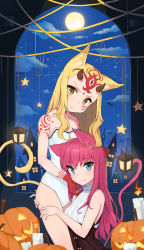 Rule 34 | 2girls, absurdres, animal ears, bad id, bad pixiv id, blonde hair, blue eyes, breasts, brown eyes, candle, cat ears, cat tail, cleavage, elizabeth bathory (fate), elizabeth bathory (fate/extra ccc), elizabeth bathory (second ascension) (fate), fate/grand order, fate (series), green hair, halloween, highres, horns, hug, ibaraki douji (fate), jack-o&#039;-lantern, kemonomimi mode, long hair, looking at viewer, manglifer, multiple girls, oni horns, pink hair, pumpkin, sleeveless, small breasts, tail, tattoo, yellow eyes