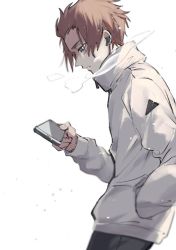 Rule 34 | 1boy, adidas, airpods, blue lock, cellphone, itoshi sae, jacket, phone, red hair, smartphone, white jacket, winter, wireless earphones