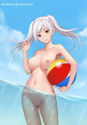 Rule 34 | 1girl, artist name, ball, beachball, blue sky, breasts, brown eyes, censored, closed mouth, cloud, dakkalot, day, fire emblem, fire emblem awakening, holding, holding ball, holding beachball, large breasts, long hair, looking at viewer, medium breasts, navel, nintendo, nipples, nude, outdoors, pussy, robin (female) (fire emblem), robin (fire emblem), sky, smile, solo, standing, twintails, wading, water, white hair