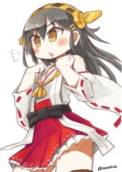 Rule 34 | &gt;:o, 10s, 1girl, :o, black hair, blush, breath, brown eyes, chestnut mouth, detached sleeves, frilled skirt, frills, hair ornament, hairclip, hands on own chest, haruna (kancolle), headgear, kantai collection, long hair, nanatsuta, nontraditional miko, pleated skirt, ribbon-trimmed sleeves, ribbon trim, skirt, solo, twitter username, v-shaped eyebrows, white background