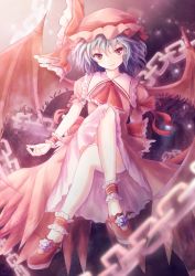 Rule 34 | 1girl, ascot, bat wings, blue hair, bow, chain, dress, frilled bow, frilled hat, frilled ribbon, frills, hat, hat ribbon, layered dress, crossed legs, looking at viewer, non (nobu), pink dress, red bow, red eyes, red footwear, red ribbon, remilia scarlet, ribbon, shoes, short hair, short sleeves, sitting, smile, solo, touhou, wings