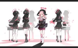 Rule 34 | 6+girls, beret, black footwear, black hair, black hat, black shirt, black socks, black wings, blue archive, blush, buttons, closed mouth, halo, hat, head wings, highres, ideolo, justice task force member (blue archive), kneehighs, koharu (blue archive), long hair, long sleeves, loose socks, multiple girls, pink eyes, pink hair, pleated skirt, red halo, red skirt, sailor collar, sailor shirt, shirt, shoes, skirt, socks, twintails, white sailor collar, white socks, wings