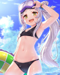 Rule 34 | 1girl, :d, arm up, armpits, bare arms, bare shoulders, bikini, black bikini, day, flat chest, goggles, goggles on head, hololive, innertube, long hair, looking at viewer, murasaki shion, navel, open mouth, outdoors, pensuke, side ponytail, silver hair, smile, solo, standing, stomach, sunlight, swim ring, swimsuit, very long hair, virtual youtuber, wading, water, wet, yellow eyes