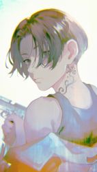 Rule 34 | 1boy, absurdres, artist name, black eyes, black hair, black tank top, closed mouth, empty eyes, gun, handgun, highres, holding, holding gun, holding weapon, jacket, kyuuba melo, looking at viewer, male focus, neck tattoo, off shoulder, pistol, sano manjirou, short hair, simple background, solo, tank top, tattoo, tokyo revengers, upper body, weapon, white background