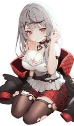 Rule 34 | 1girl, :/, arm strap, bare arms, bare shoulders, belt, black hair, black jacket, braid, breasts, brown thighhighs, cleavage, collar, dot nose, frilled shirt, frills, grey hair, hair ornament, hairclip, hand up, heart, heart collar, heart hair ornament, heart o-ring, highres, hololive, jacket, unworn jacket, kinsuke z, large breasts, long hair, looking to the side, multicolored clothes, multicolored hair, multicolored jacket, o-ring, plaid, plaid skirt, pleated skirt, red eyes, red skirt, sakamata chloe, shirt, simple background, sitting, skindentation, skirt, sleeveless, sleeveless shirt, solo, streaked hair, thighhighs, torn clothes, torn thighhighs, two-tone hair, two-tone jacket, virtual youtuber, white background, white shirt, x hair ornament