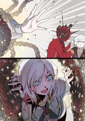 Rule 34 | 1other, 2girls, 2koma, black gloves, black shirt, blonde hair, blood, blood in hair, blood on clothes, blood on face, blue eyes, breasts, brown jacket, brown sweater, brown vest, chain, clock, collared shirt, comic, commentary request, dante (limbus company), dual persona, faust (project moon), gapamopa, gloves, highres, jacket, korean commentary, limbus company, long sleeves, medium breasts, medium hair, multicolored hair, multiple girls, no nose, object head, open clothes, open jacket, open mouth, project moon, red jacket, ribbed sweater, shirt, smile, sweater, turtleneck, turtleneck sweater, vest, white hair, white shirt