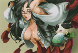 Rule 34 | 1girl, arc system works, artist request, black hair, blazblue, blazblue: calamity trigger, breasts, glasses, lao jiu, large breasts, litchi faye ling, long hair, official art, open clothes, open shirt, panda, purple eyes, scan, shirt, solo, very long hair