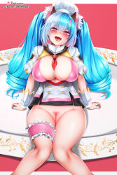 Rule 34 | 1girl, aurora (last origin), bad id, bad pixiv id, between breasts, blue hair, blush, breasts, censored, chef, chef hat, cleavage, cleft of venus, drill hair, hat, highres, large breasts, last origin, light blue hair, long hair, looking at viewer, mapar, mosaic censoring, multicolored hair, necktie, necktie between breasts, open mouth, pink eyes, pink hair, pussy, saliva, sitting, solo, streaked hair, tongue, tongue out, twin drills