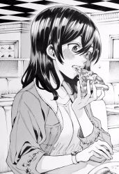 Rule 34 | 1girl, bad id, bad twitter id, black hair, blush, commentary request, eating, food, greyscale, highres, indoors, jacket, medium hair, monochrome, nakajima ryou, open clothes, open jacket, original, pizza, plate, restaurant, sitting, solo, table, watch, wristwatch