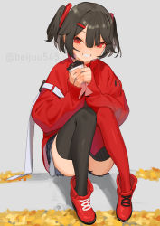 Rule 34 | 1girl, asymmetrical legwear, beijuu, black hair, black thighhighs, cup, denim, denim shorts, disposable cup, grey background, grin, hair between eyes, hair ornament, hairclip, highres, holding, holding cup, jacket, looking at viewer, mismatched legwear, original, red eyes, red footwear, red jacket, red thighhighs, short hair, short shorts, shorts, sitting, sleeves past wrists, smile, solo, thighhighs