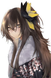 Rule 34 | 1girl, brown hair, commentary, commission, floral print, from side, fur collar, girls&#039; frontline, hair between eyes, hair ornament, highres, japanese clothes, kimono, kojima (blue stardust), long hair, looking at viewer, looking to the side, messy hair, official alternate costume, one side up, scar, scar across eye, scar on face, skeb commission, smile, solo, ump45 (girls&#039; frontline), ump45 (lonely traveler of eternity) (girls&#039; frontline), upper body, white background, yellow eyes