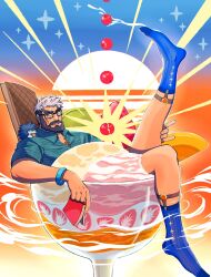Rule 34 | 1boy, absurdres, bara, beard, borrowed character, chest hair peek, chocolate, creature, creature on shoulder, cup, facial hair, food, fruit, full beard, full body, glasses, grey hair, hidden hero (o2h), highres, hiwen-d, in container, in cup, leg up, legwear garter, looking at viewer, male focus, mature male, mini person, miniboy, multicolored hair, muscular, muscular male, on shoulder, polo shirt, scar, short hair, socks, solo, strawberry, strawberry parfait, sun, thick beard, thick eyebrows, two-tone hair